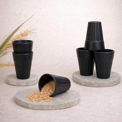 Image of Eco-Friendly Tea Cup Set of 6 | Kulhad Style Coffee & Tea Mugs | 140 ml Unbreakable, Stain-Free, Heat Resistant, Reusable, Microwave Safe | Rice Husk & Bamboo Fibre | Midnight Black