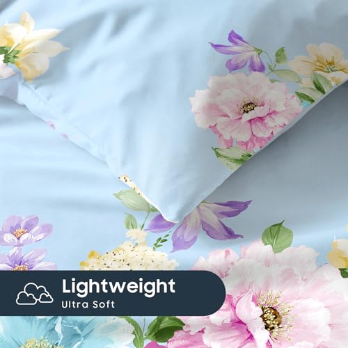 Image of Wake In Cloud - Floral Comforter Set, Shabby Chic Farmhouse Cottagecore Vintage Colorful Pastel Spring Flowers, Soft Lightweight Bedding for Women Girls, 3 Pieces, Blue, Twin /Twin XL Size