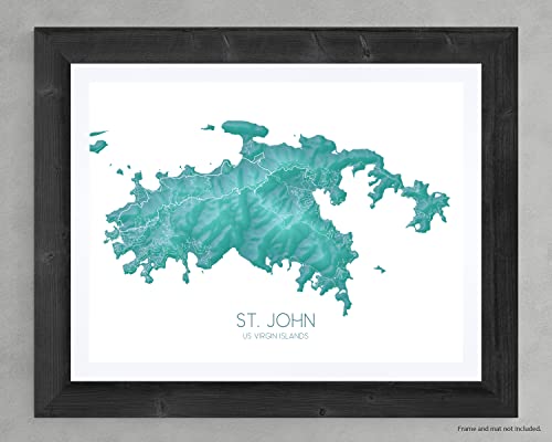 St John Usvi Map Wall Art Print, Turquoise 3D Topographic Saint John Island Gifts Poster, Us Virgin Islands (8 X 10", Landscape (Horizontal)) #TOP4