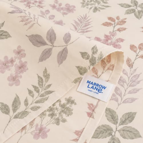 Image of Marrow Lane 300 TC Soft Air Cotton Double Bedsheet | Wild Meadow | Flatsheet with 2 Pillow Covers | Pink & Sage Floral Print (228.6 x 254 cm, Pink & White)