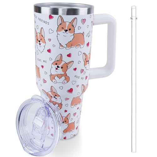 40 oz Corgi Tumbler with Handle and Straw, Dog Travel Mug Water B...