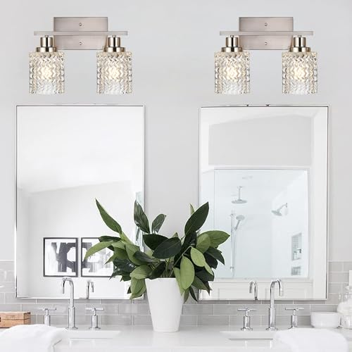 MELUCEE 2-Light Wall Sconce Lighting with Hammered Glass Shade, Brushed Nickel Bathroom Lights Over Mirror, Modern Vanity Lighting Fixtures for Porch Entryway Stair by MELUCEE - Image 5