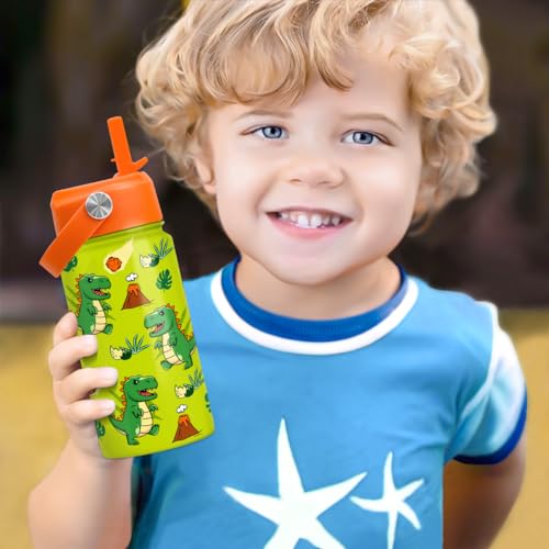 Image of SANDJEST Dinosaur Water Bottle - Water Bottle with Straw Lid for Kids - 12 Oz Insulated Stainless Steel T-Rex Bottles for Kid Boys - Travel Cup for School Sports
