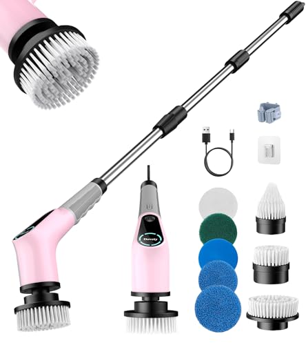 Dovety Electric Spin Scrubber Shower Scrubber Power Cleaner Tools with 8 Replaceable Brush Heads Cleaning Brush with Extension Handle 2 Adjustable Speeds 90Mins Work Time for Home Bathtub-Pink