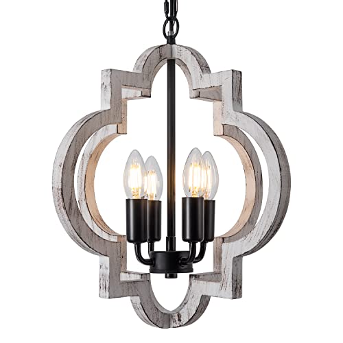 Lighceac 4-Light 15 Inch Farmhouse Orb Chandelier Rustic Handmade Distressed White Wood Hanging Ceiling Pendant Light Fixture Wood Lantern Chandeliers For Dining Room Kitchen Bedroom Foyer Hallway thumb #8
