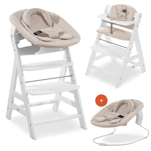 hauck Hochstuhl Alpha+ Newborn Set mit 2in1 Bouncer - Mitwachsender Holz Babyhochstuhl ab Geburt, inkl. Sitzauflage & Neugeborenenaufsatz - Wei&szlig; | Winnie the Pooh