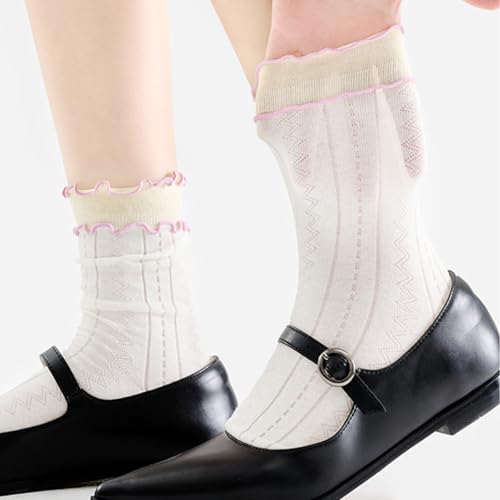 Image of Women Girls Summer Ruffle Turn-Cuff Casual Crew Socks Ultrathin Cute Breathable Knit Cotton Colorful Sock