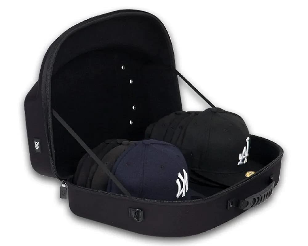 Cap Carrier Case - Nylon and Crush-Proof Neoprene - Spacious Storage for Hats, Snap Back and Fitted Caps - Fits up to 14 Headwear - Removable Shoulder Strap, Eyelets for Ventilation – Black