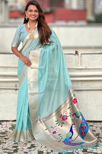 Image of SGF11 Women's Organza Kanjivaram Pure Soft Silk Handloom Saree Pure Golden Zari With Blouse Piece