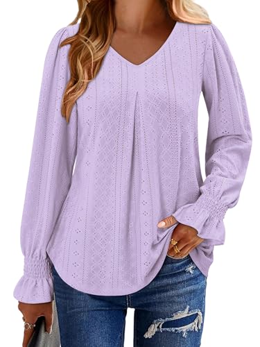 KISSMODA Long Sleeve Fall Shirts For Women V Neck Tunic Tops Embroidered Button Down Knitted Blouses 2025