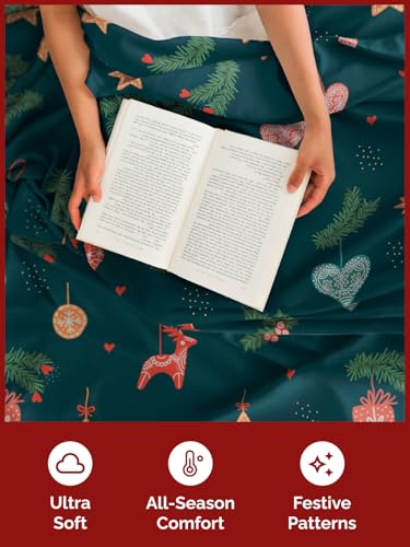 Queen Green Christmas Sheet Set - Holiday Xmas Pattern Bedding Set - Deep Pockets - Snug Fit - 4 Piece - Wrinkle Free & Easy Care - Comfy Festive Winter - Holiday Sheets for Women, Men, Kids & Teens