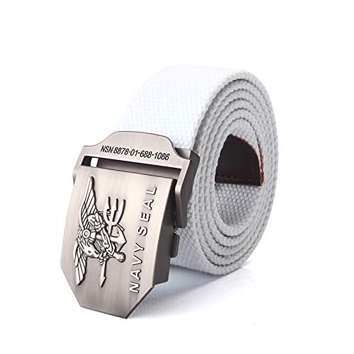 Preisvergleich Produktbild PIDAIKING Nylon-Gürtel, Herren, weißer taktischer Gürtel, Militär-Stil, stabiler und vielseitiger Chino-Gürtel, einfache Anpassung, marineblaue Verschlussschnalle für Jeans, 130 cm