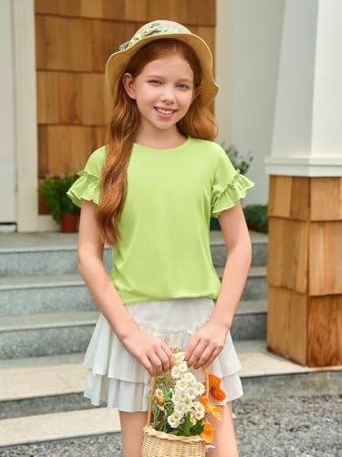 Image of Haloumoning Girls Ruffle Short Sleeve T Shirts Kids Summer Crewneck Tops Cute Tees Blouse 5-14 Years