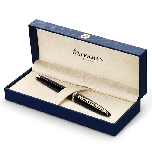 Waterman Carène Black Sea Füller | hochglänzend Schwarz mit Clip aus 23-karätigem Gold | Füllfederhalter mit feiner Feder | blaue Tinte | Geschenkbox