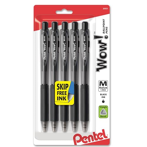 Pentel WOW! Retractable Ballpoint Pens, Medium Line, Black Ink, 5 Pack (BK440BP5A)