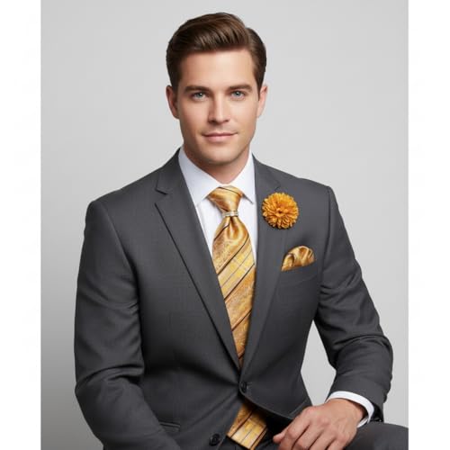 Image of 5PCS Mens Premium Silk Tie, Pocket Square, Cufflinks, Drilled Tie Ring and Lapel Pin Set for Wedding Groom Party