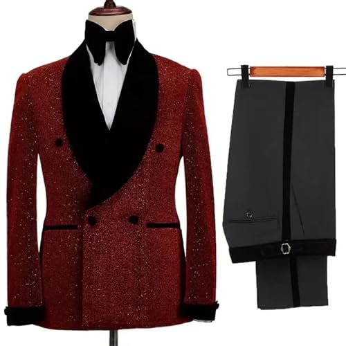 Men’s 2-Piece Suit Set – Shining Jacket & Pants, Double Breasted Wedding Groom Tuxedo, Fleece Shawl Collar4