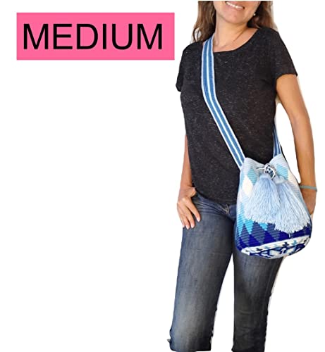 Original Wayuu Mochila Bag For Women, Colombian boho bags, Handmade With Big Nice-Looking Tassels (Medium, Blue Shades - Medium)3