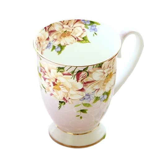 CHARIVA Handcrafted Floral Ceramic Tea and Coffee Cup – Elegant Gold Trim, 300ml (02 Pink Flower)
