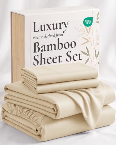 Image of Hotel Sheets Direct 4 Piece Bed Sheet Set King Size, 100% Viscose Derived from Bamboo Sheets Set with 2 Pillowcases, Cooling & Breathable Luxury Bedding, Moisture-Wicking & Silky Soft, Light Yellow