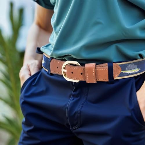 ZEP-PRO Billfish Slam Men's Woven Ribbon Belt – Navy Game Fish Ribbon With Tan Full Grain Leather Tabs – 1.25" Wide Outdoor Lifestyle Accessory, Size 304