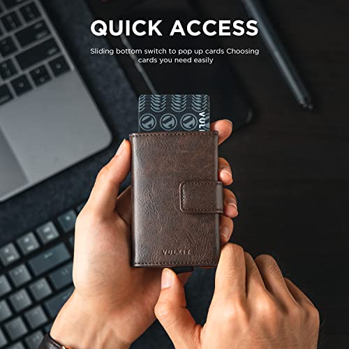 Image of VULKIT RFID Card Wallet for Men, Slim Compact Men's Wallet, Leather RFID Blocking Credit Card Holder Wallet, Trifold Thin Metal Security Pop Up Wallet, Gift Box Packing, Espresso, Taille unique