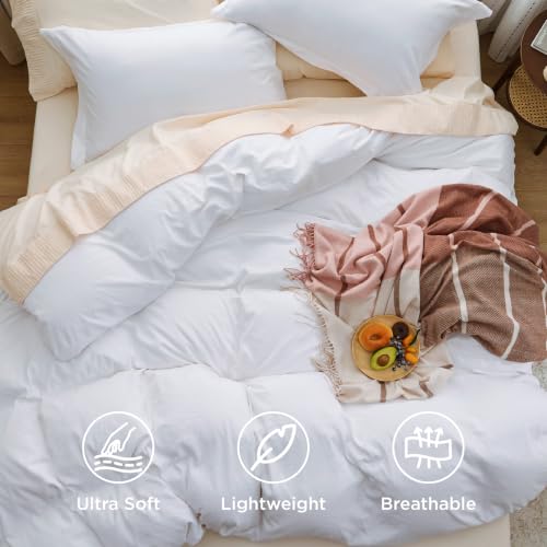 Image of Bedsure Prewashed Duvet Cover Queen, Cotton-Like Bedding Set, Bright White | Ultra Soft, Relaxed Texture, 90 inchx90 inch Breathable Comfort, Hidden Zipper, 8 Corner Ties, Easy Care, OEKO-TEX, Year-Round Use