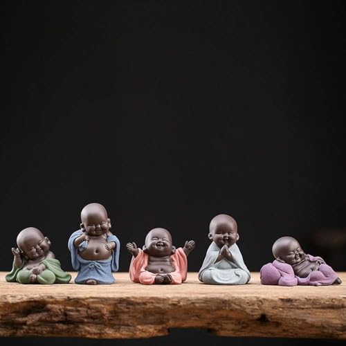 Colección de 5 estatuas de Buda sonriente de cerámica miniatura 3