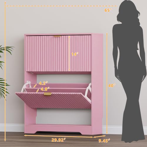 Image of BORNOON Shoe Cabinet with 2 Flip Drawers, Fluted Shoe Storage Cabinet with Adjustable Shelves, Freestanding Rack and Organizer for Entryway, Closet, Hallway