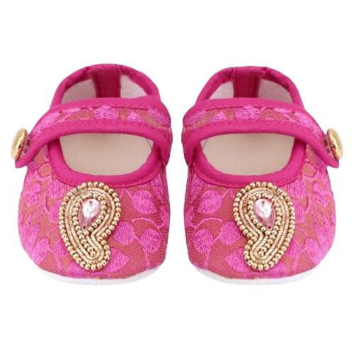 Dark Pink Ethnic Brocade Booties Shoes for Girls Soft Warm Comfortable Anti-Slip New Born Infant shoe Baby Footwear gift for little one Walking & Daily Wear-image-0