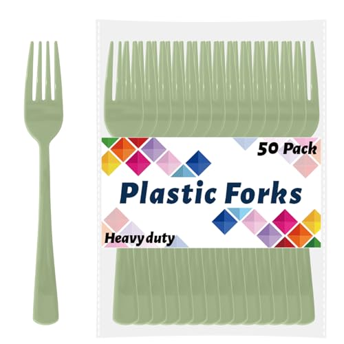 CXPSINC Sage Green Plastic Forks Disposable 50 Count - 7.28 Inch Heavy Duty Disposable Cutlery Utensils Solid for Party Picnic Catering Daily Use & More (Sage Green)
