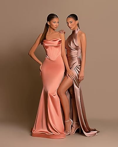 Clothfun Halter Satin Bridesmaid Dresses Long Mermaid Prom Dress for Women Formal Party Evening Gown with Slit4