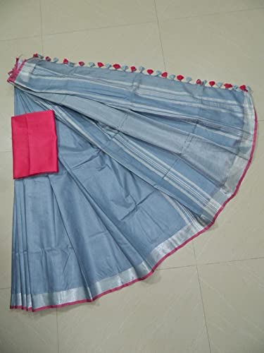 Image of STB-SILK TEXTILES BHAGALPUR Women's Linen Slub Saree With Contrast Blouse Piece