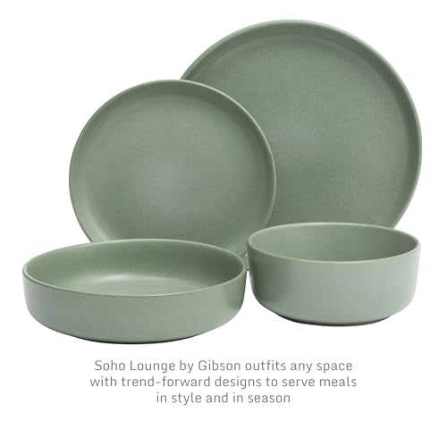 Image of Gibson Elite Pasco 16 Piece (Service for 4) Plates and Bowls Double Bowl Reactive Glaze Dishes Stoneware Ceramic Dinnerware Set - Green