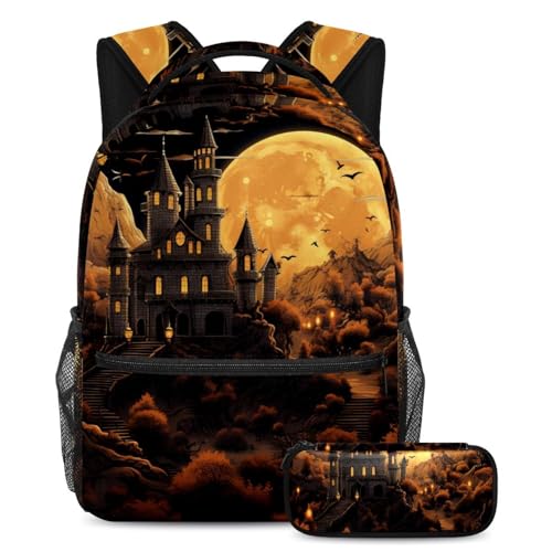 Sac à dos château d'Halloween spacieux avec trousse pour soulager le dos des enfants