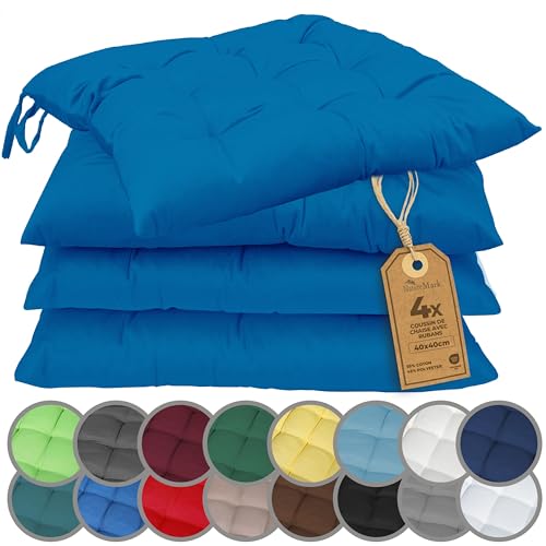 NatureMark Lot de 4 Galettes de Chaises avec Rubans 40x40 cm – Coussin de Chaise Épais pour Intérieur & Jardin – Couleur Bleu Royal