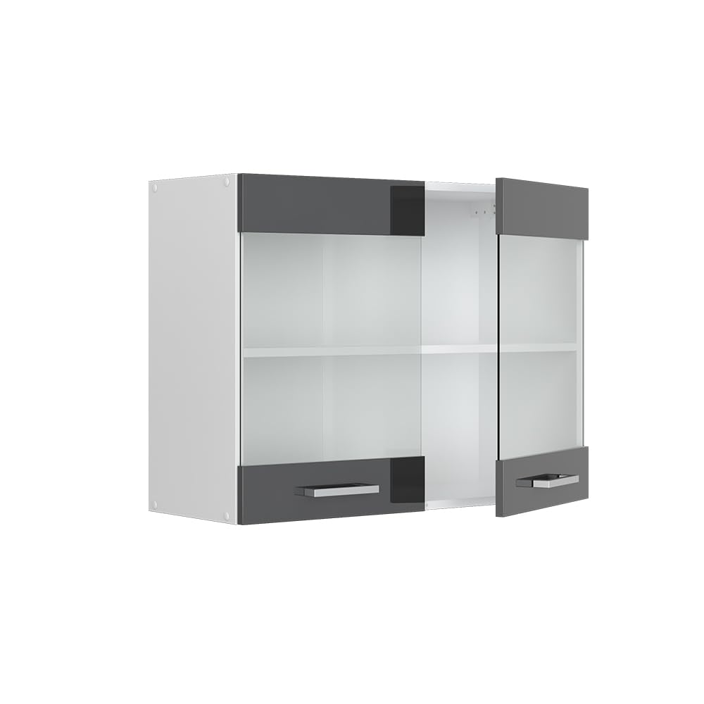 Vicco Glazen Kast Rline, 80cm, Blauwgrijs/antraciet