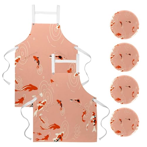 Tablier de cuisine carpe koï lot de 2 réglables avec poches pour restauration et pâtisserie