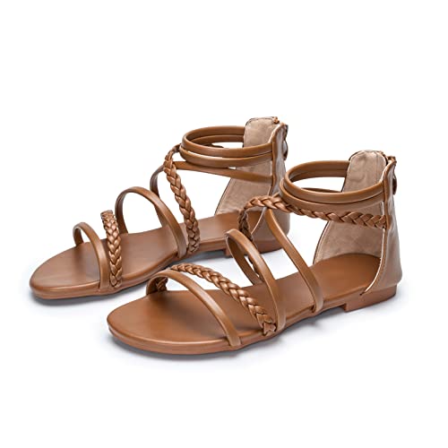 Image of youngshow Women's Braided Strappy Sandals - Open Toe Dressy Gladiator Flat Sandals with Back Zipper, Casual Summer Beach Shoes