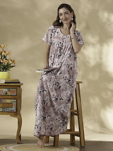 Image of 9shines Label Stylish Chikankari Cotton Nighty Maxi for Women | Full Length Nightgown | Nightdress with Pocket | Embroidery Nighty | Soft Comfortable Cotton Nightwear (1545)