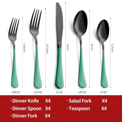 20-Piece-Green-Silverware-Set-180-Stainless-Steel-Black-Silverware-Set-Green-Handle-Cutlery-Black-Set-Service-for-4-Dinner-Knives-Forks-Spoons-Set-Black-Flatware-SetFinish-Dishwasher-Safe 20 Piece Green Silverware Set 180 Stainless Steel Black Silverware Set Green Handle Cutlery Black Set Service for 4 Dinner Knives Forks Spoons Set Black Flatware SetFinish Dishwasher Safe