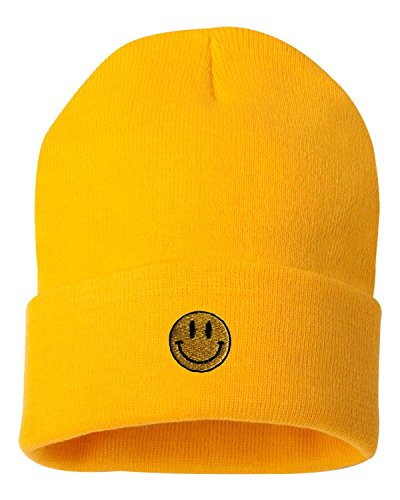 Go All Out One Size Gold Cuffed Smiley Face Embroidered Cuffed Knit Beanie Cap