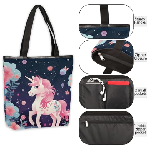 Cute Unicorn Canvas Tote Bag for Women Large Tote Bag with Zipper & Pockets Canvas Beach Bag Shoulder Bag Reusable Shopping Bags Cute Tote Bags for Work Travel4