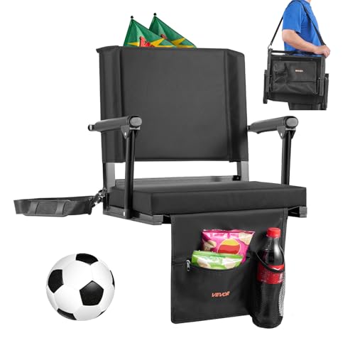 VEVOR Stadium Seat, Portable Bleacher Seat with Armrest, Back Support and Thick Cushion, Bench Chair for Bleacher Includes Shoulder Strap, Hooks, Cup Holder, Black Football Bleachers Seats, 1PCS