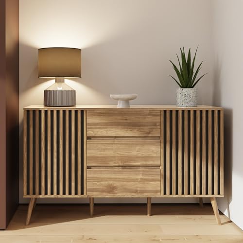 GFW Rowan Large Sideboard with 5 Storage Compartments Oak Effect Cabinet with Vertical Slat Detailing Modern Storage Unit for Living Room Dining Room or Hallway