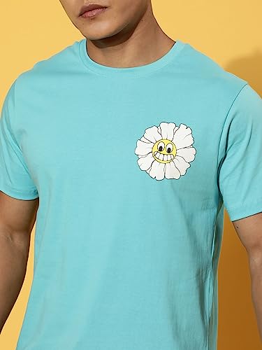 Image of Veirdo Cotton Blue Radiance & Orange Regular Fit Half Sleeve Crew-Neck Printed T-Shirt for Men