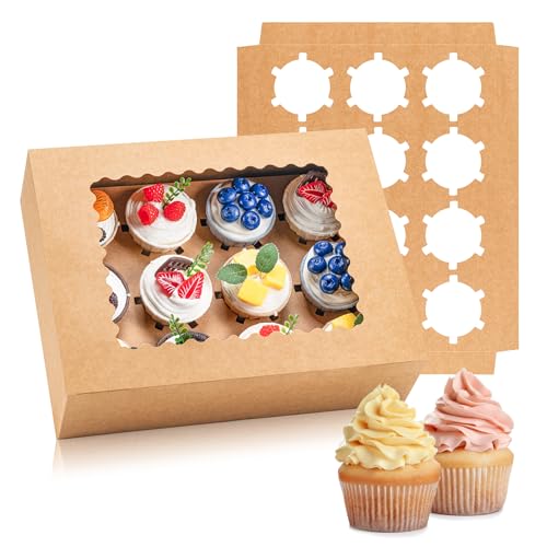 Image of Hoewina 12PCS Cupcake Boxes - Hold 12 Count Cupcake Containers with Window, Food Grade Cupcake Holder Easy Transport and Presentation - Ideal for Cupcakes, Desserts, and More (Brown)