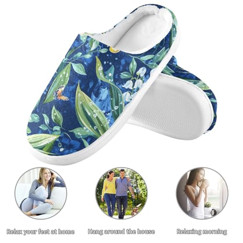 JUNZAN Chic Lily Blue Women Cotton Slippers Non Slip Memory Foam Hotel Slippers for Spa Birthday Presents 6-73