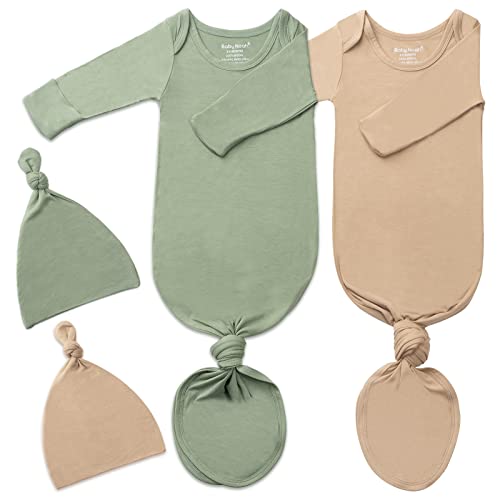 Image of 2Pk Newborn Baby Knotted Gown, Super Soft Silky Infant Long Sleeve Sleeper for Baby Sleeping with Hat Green & Camel(2 Packs 0-3 Months)