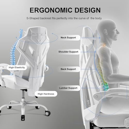 GTPLAYER Gaming Chair, Computer Chair with Mesh Back, Ergonomic Game Chair with Footrest, Reclining Game Chair with Adjustable Headrest and Lumbar Support for Gaming and Office (White) - Image 7